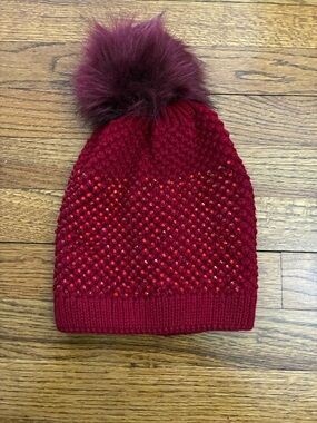 Red Beaded Pom Pom Knit Beanie